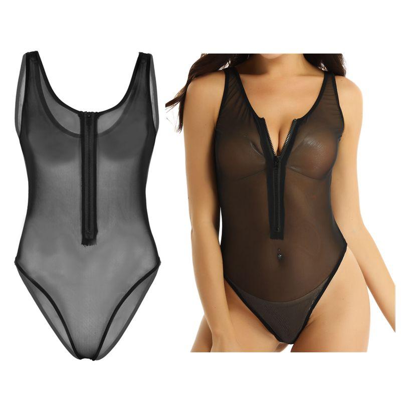 Women's Mesh Sheer See Through Zipper High Cut Thong Teddy Leotard Bodysuit Swimsuit