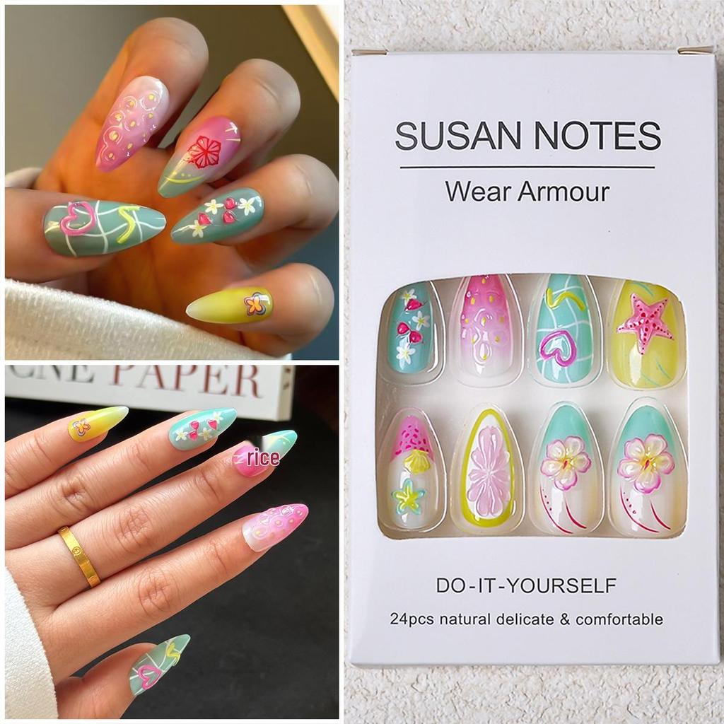 24 шт. Летние Макаронные Цвета 3D Съемные Ногти на Клеевой Основе – Красочный, Носимый Маникюр