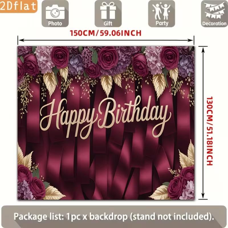 2D Birthday Photography Backdrop Burgundy Background with Purple Flowers and Satin Ribbons