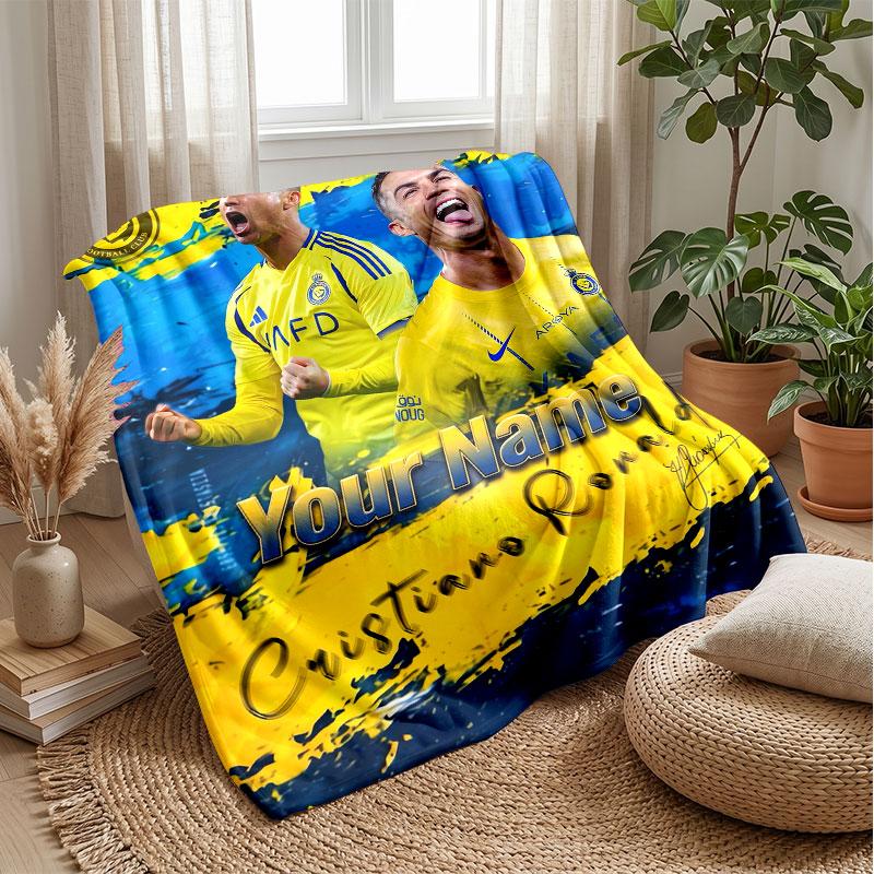 Cristiano Ronaldo Custom Name Text Flannel Blanket Soccer Logo Personalized Fleece Throw Blanket Special Gift For Sofa Bedroom Home