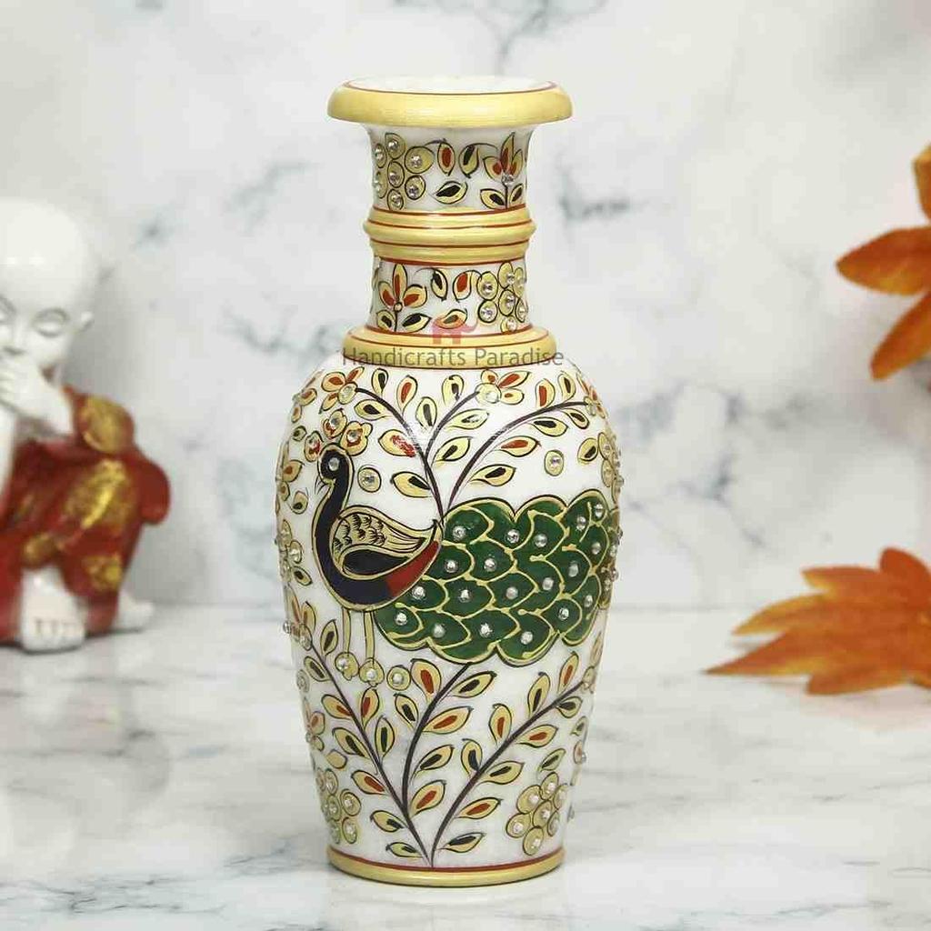 Marble Peacock Motif Flower Vase 9 Inch