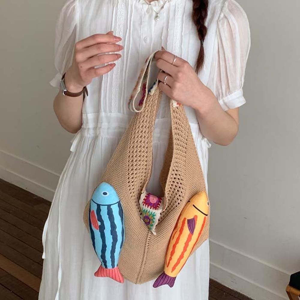 Fish Cotton Crochet Shoulder Bag Summer Tassels Beach Handbag Hollow Out Woven Bag Shopping Bag