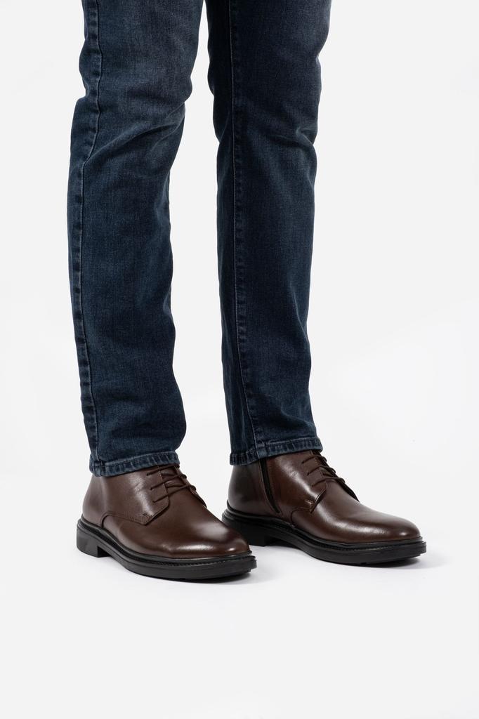 Men's Fashion Genuine Leather Thin Heeled Booties Black Lace-up Zippered Boots Shoes