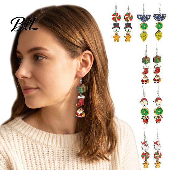 Dangle Drop Earrings 1 Pair Christmas Wooden for Women, Cute Santa Women Seasonal Accessories Gingerbread Candy Cane Earrings, Vintage Holiday Jewelry