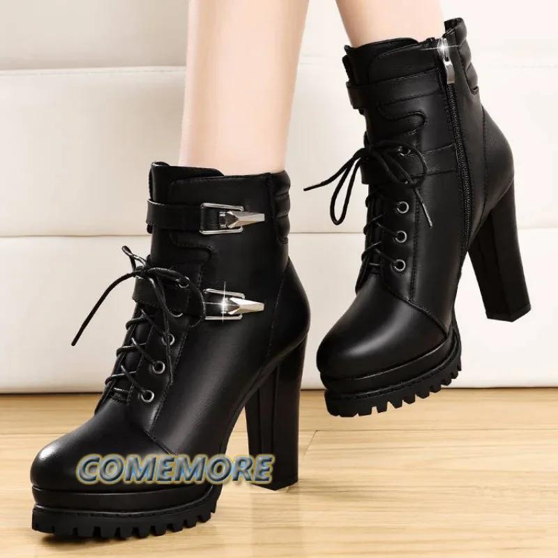 Модные женские ботинки на платформе Осень Зима 2025 Новые британские черные туфли на высоком каблуке Женские ботинки на толстом каблуке Ботильоны Плюшевые Готические женские ботинки Черные