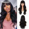 Длинный черный парик с челкой, черные волнистые длинные парики для женщин, натуральный волнистый синтетический черный парик с длинной челкой для ежедневного использования
