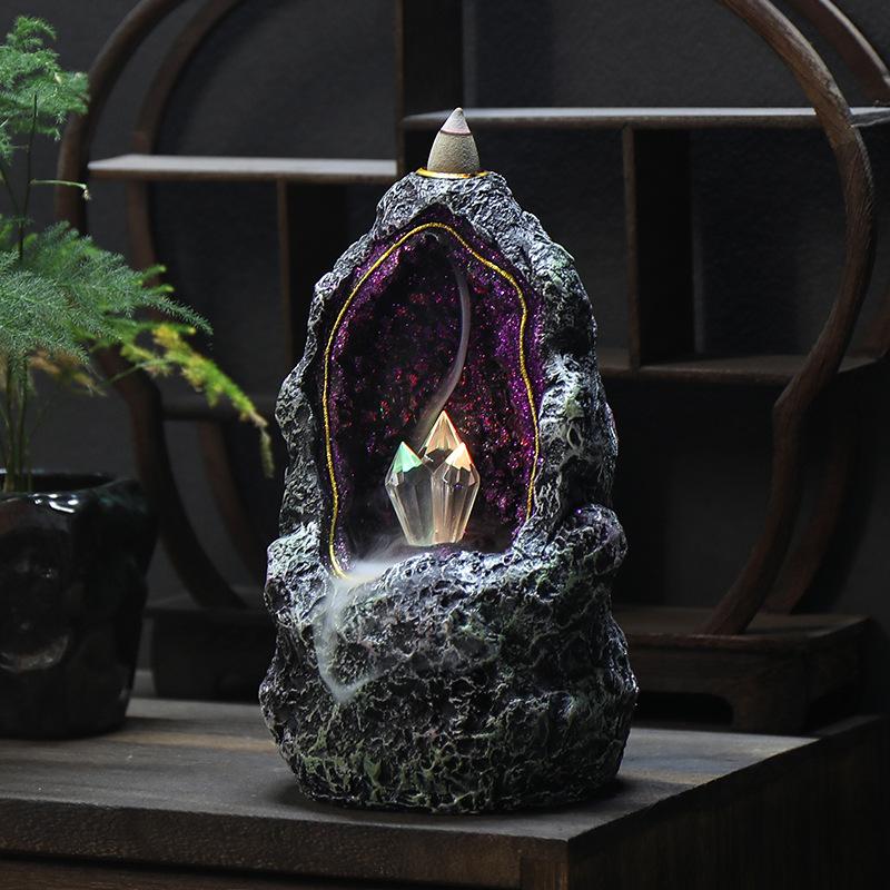 Creative Fantasy Crystal Cave LED Ornaments Backflow Incense Burner Waterfall Incense Cones Censer Decoration