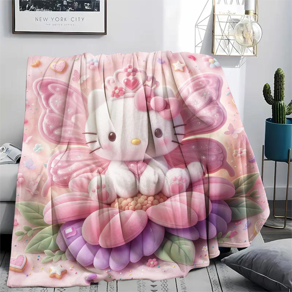 1 шт. Розовое фланелевое одеяло Hello Kitty с принтом, Высококачественное, Для всех сезонов, Декор для дома, Тепло и комфорт, Идеально для рождественских подарков
