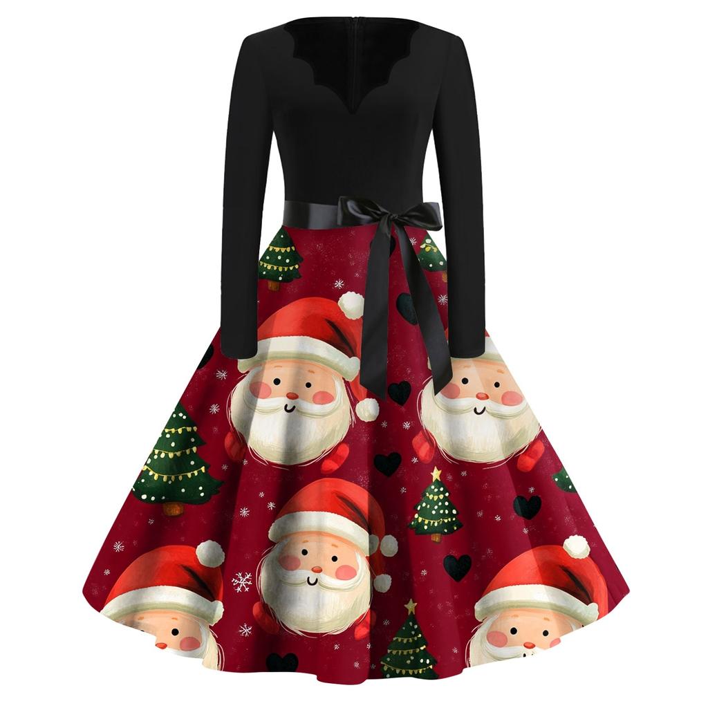 Женские модные повседневные тонкие рождественские платья с длинным рукавом с v-образным вырезом и принтом