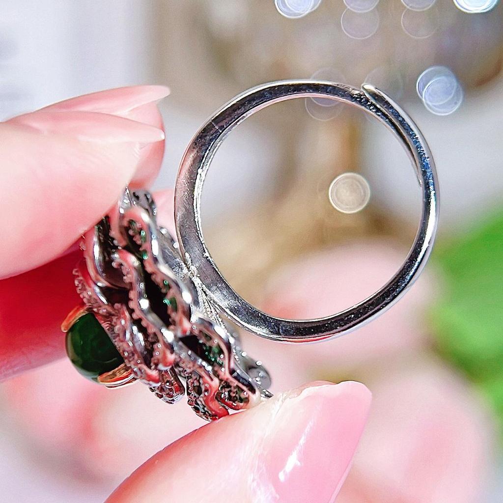 CMM Statement Big 3D Flower Adjustable Ring Micro Tiny Paved Oval Green CZ Zircon Cocktail Party Jewelry