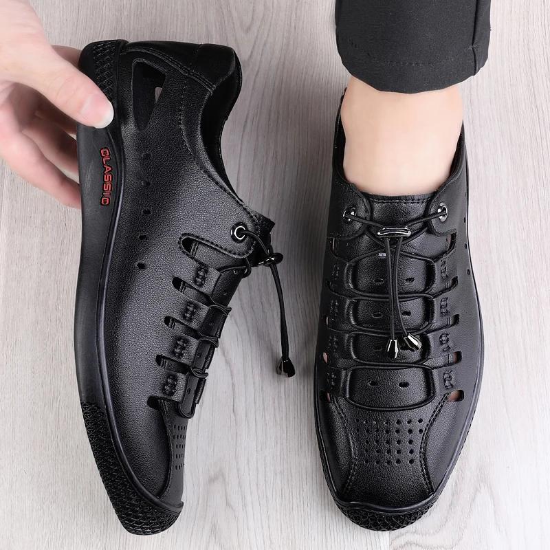 Fashion Summer New White Leather Hollow Out Sandals Breathable Comfort Men Beach Shoes Fashion Soft Sole Male Flat Casual Leather Loafer