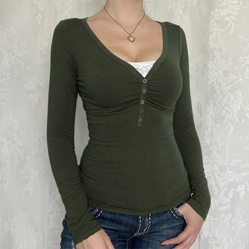 Women Slim Fit V Neck Long Sleeve Knit T Shirt With Buttons Y2k Style