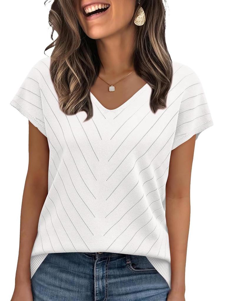 Летний горячий тренд 2026 года Пляжный отдых Короткий рукав V-образный вырез Ажурный повседневный вязаный свитер для женщин