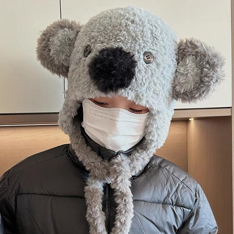 New Cute Cartoon Grey Koala Plush Lei Feng Hat for Women In Winter Warm Ear Protection Lace Up Hat