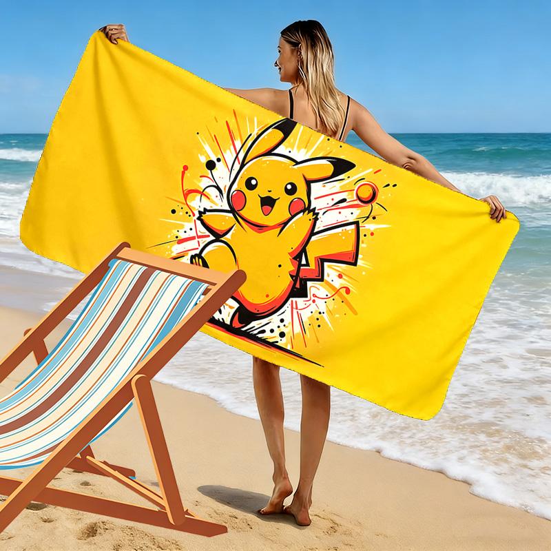 Happy Pikachu Print Beach Towel, Large Soft Quick Dry Towel for Beach Camping Swimming