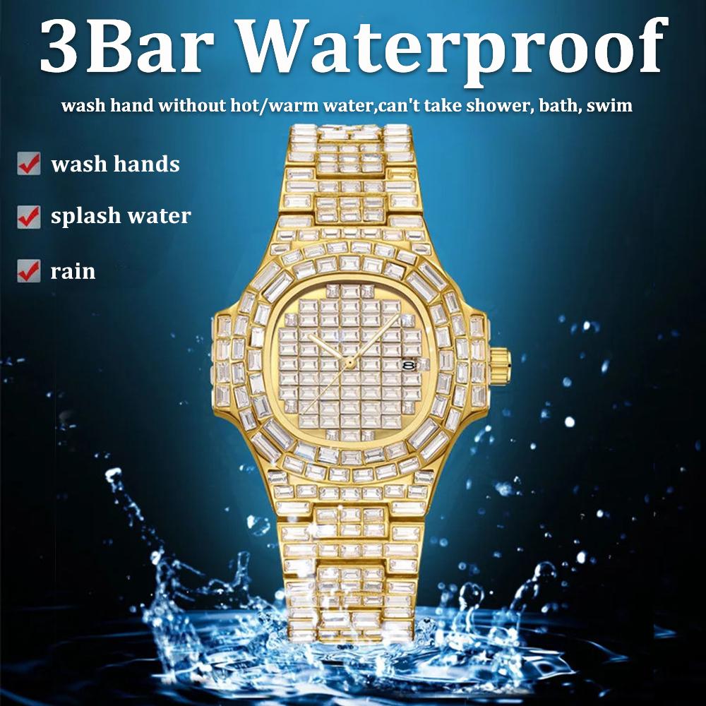 Роскошные мужские часы водонепроницаемые кварцевые наручные часы Ice Out Diamond нержавеющая сталь ремешок светящиеся стрелки Montre Homme