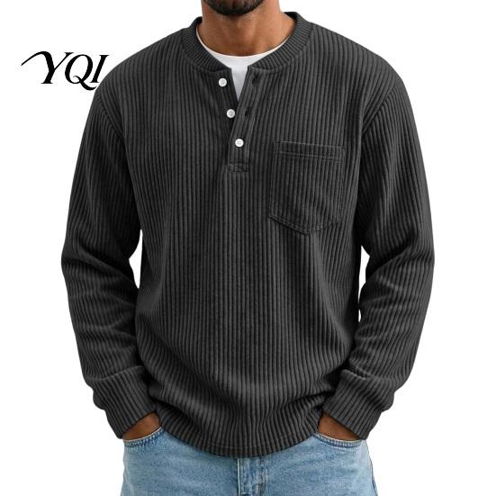 Easy Care Machine Washable Shirt Men Corduroy Pullover Shirt, Long Sleeve Button Collar with Chest Pocket, Mens Loose Fit Ribbed Textured Sweatshirt