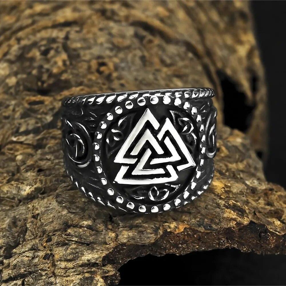 Men Biker Nordic Viking Rings Stainless Steel Retro Nordic Ethnic Belief Odin Viking Rune Ring Men Amulet Jewelry