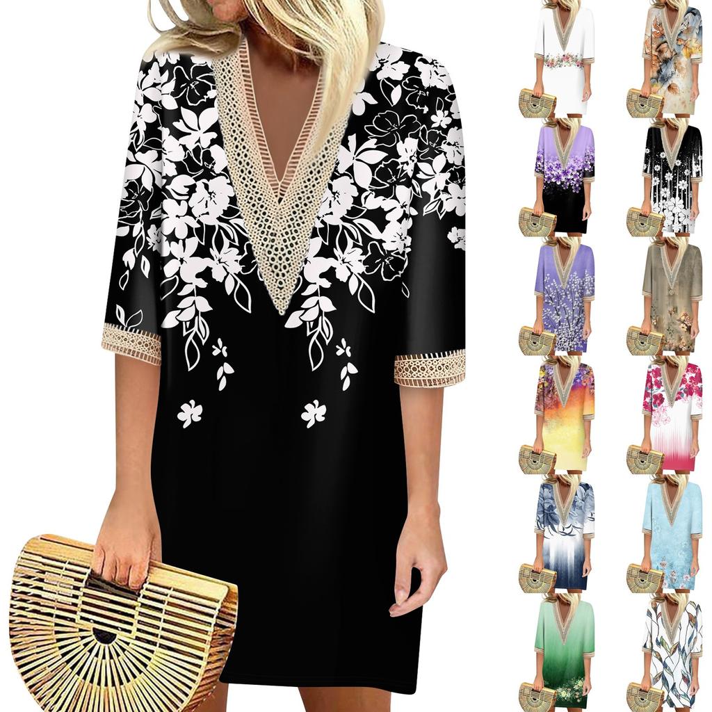 Летние платья для женщин, модное повседневное свободное кружевное платье с V-образным вырезом и рукавами 3/4 с принтом
