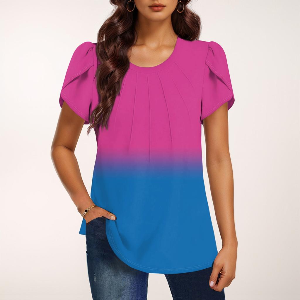 Женская модная футболка с круглым вырезом и коротким рукавом с градиентным принтом, повседневная базовая плиссированная футболка-пуловер