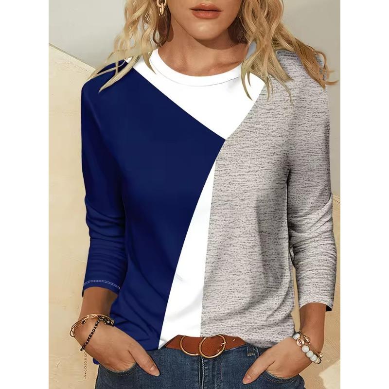 Retro 3D Print Color Block Crew Neck Long Sleeve T-Shirt Womens Clothing Casual Clothes Harajuku Female Clothing Pullover