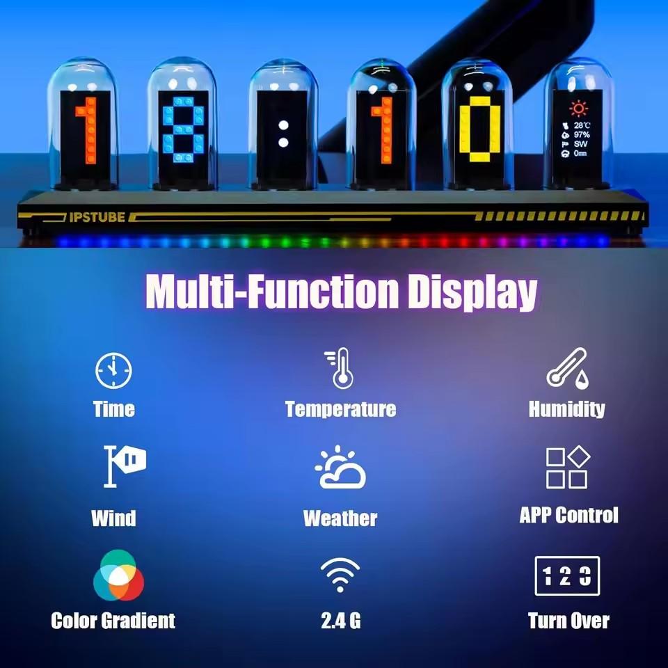 USB Питание RGB Часы с Никси Лампами с Цветным IPS Экраном, Проводные Электрические Алюминиевые Овальные Будильники с Портом для Зарядки, Металлический Корпус