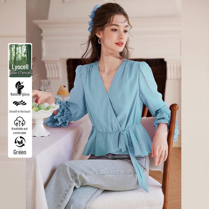 Элегантная блузка с V-образным вырезом и рюшами из лиоцелла Tencel