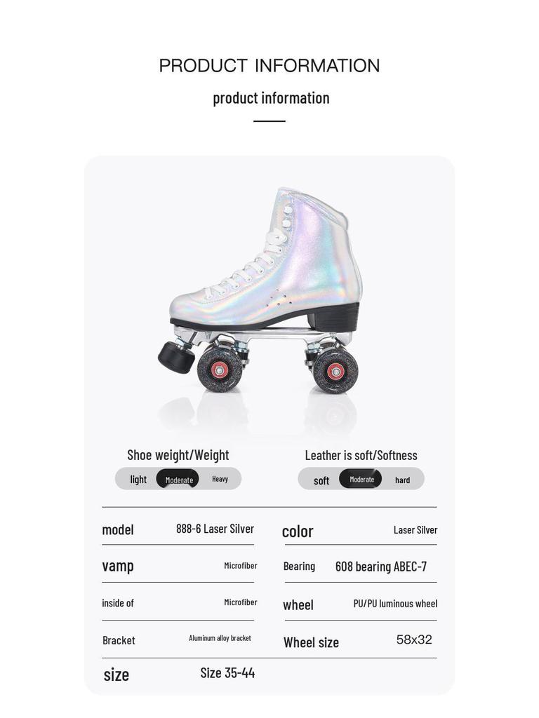 New In-Stock Double-Row Roller Skates with Laser Fabric, Adjustable Brake, and PU Flashing Wheels for Ice Rink.
