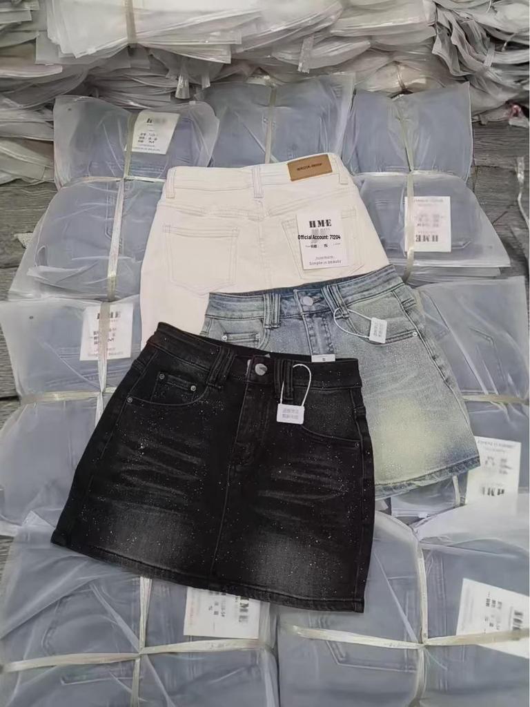 High Waist Rhinestone Starry Sky Denim Mini Skirt for Women - Retro, Slimming, and Flattering