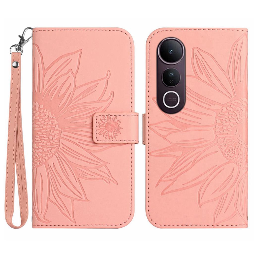 For vivo V50 Lite 5G Case Sunflower Imprint Leather Wallet Phone Cover with Wrist Strap