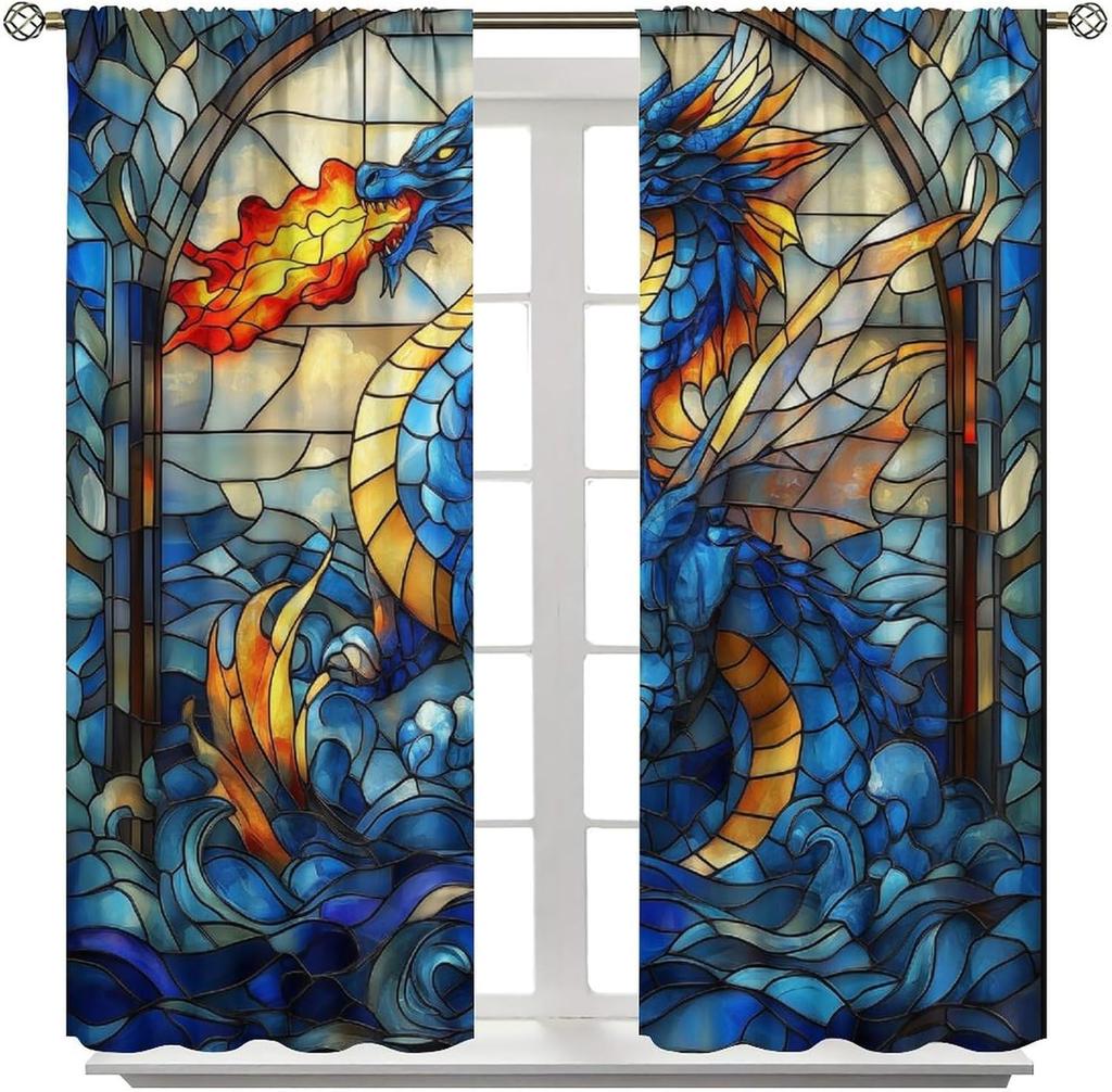 Blue Dragon Curtains Vintage Mythological Medieval Stained Glass Mural Flame Magic Flying Dragon Windows Treatments Rod Pocket f