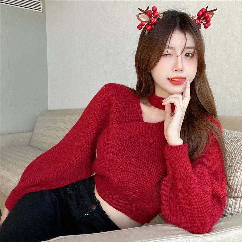 Korean Irregular Hanging Neck Short Pullover Sweater Women Sweet and Spicy High Waisted Sweater Caution Pullover Female Tops