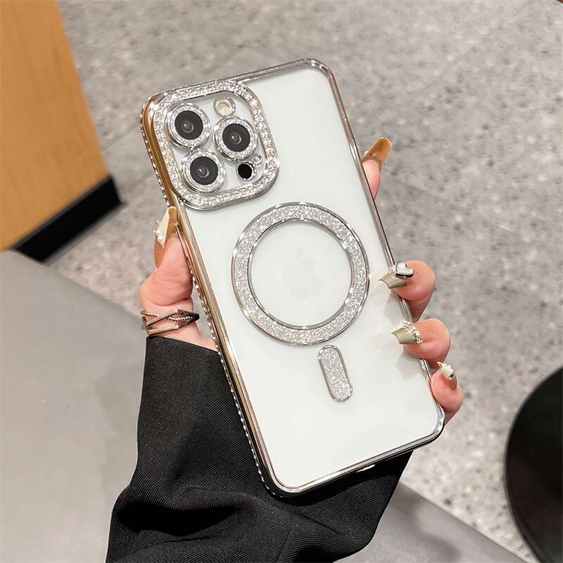 Роскошный блестящий прозрачный чехол Magsafe с беспроводной зарядкой для iPhone 14 13 12 11 Pro Max Plus с магнитным бампером и бриллиантами