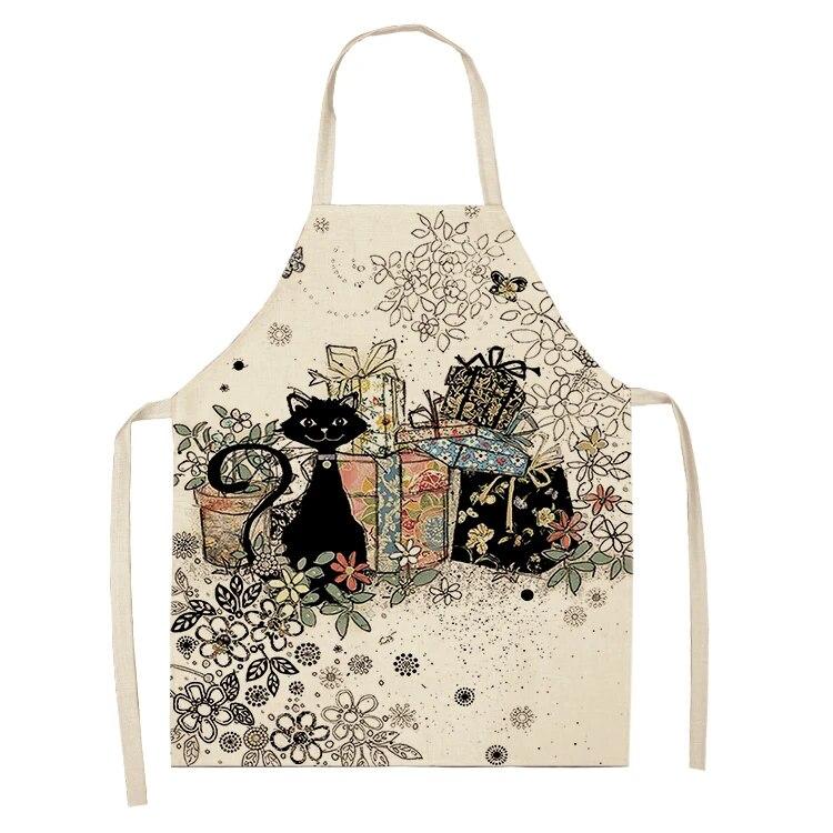 Home Kitchen Black and White Cat Letter Apron Women's Linen Cleaning Tool Apron Home Cooking Waist Baking Apron