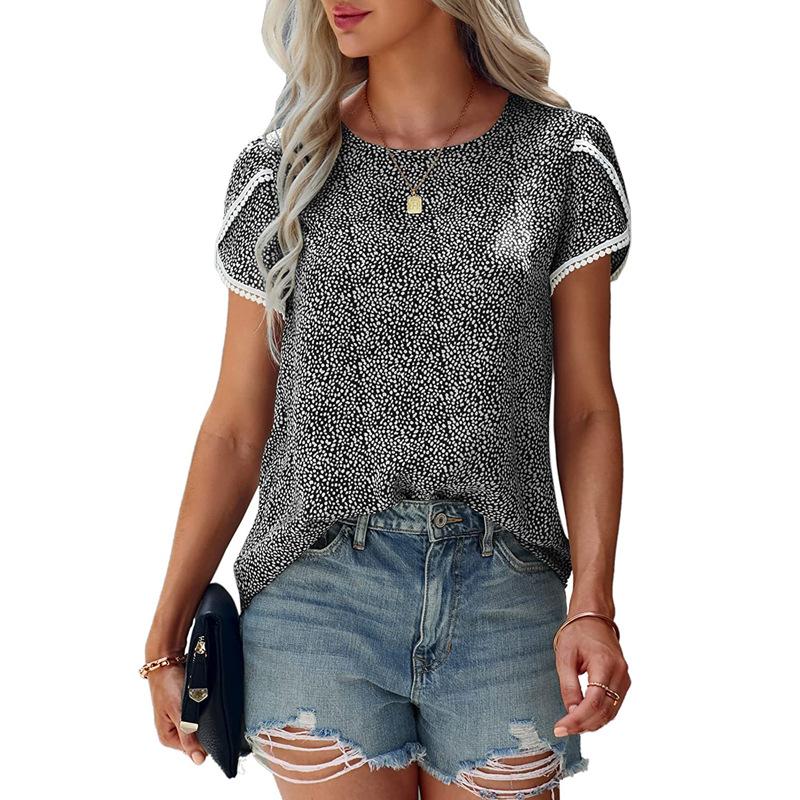 Женская повседневная футболка с короткими рукавами и кружевной строчкой на весну и лето