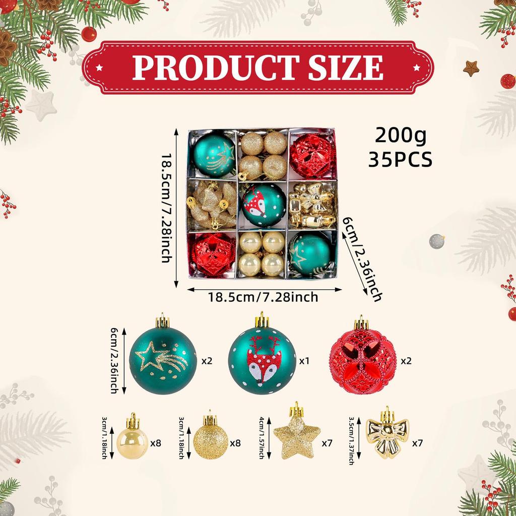 35 Pieces Christmas Ball Ornaments Set Tree Hanging with Star, Bowknot Shape