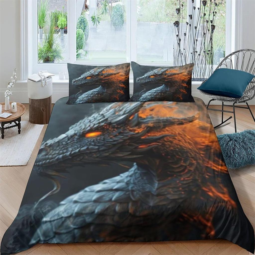 Flame Dragon Duvet Cover Set, Kids Boys Games Flame Wild Animal Comforter Cover and Pillow Cases for Adults Kids Bedroom Decor
