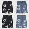 High-Quality Denim Kapok Cloud Pattern Straight Slim Loose Shorts