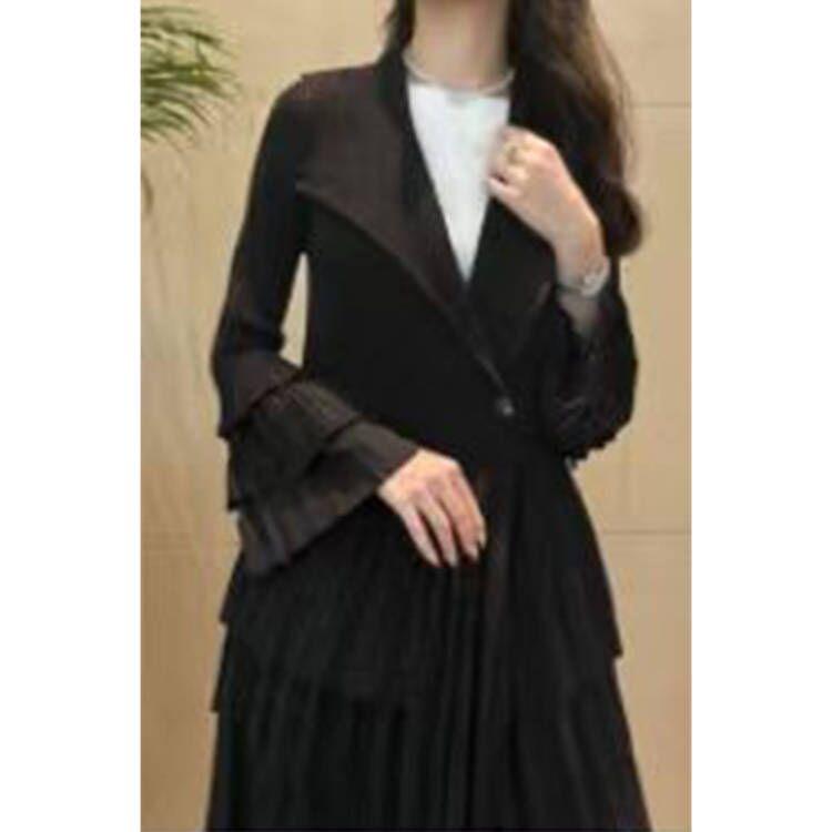 Gray Pleated Ruffle Trim Long Blazer Coat - 2024 Spring/Summer Fashion Trend for Women
