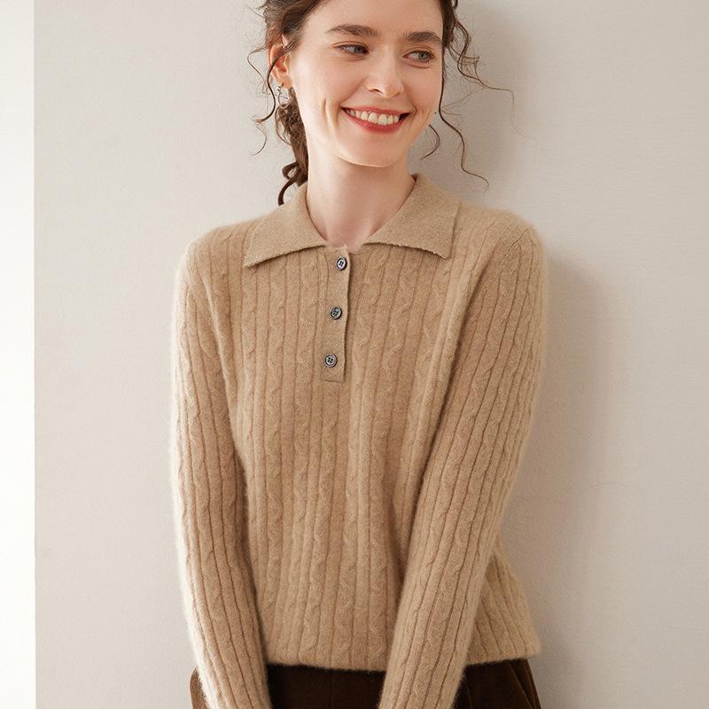 Women's Cashmere Cable Knit Polo Collar Pullover - Long Sleeve, Warm, Fashionable, Versatile Autumn/Winter Base Layer Top.