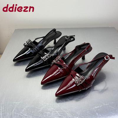 Модные женские сандалии на среднем каблуке с пряжкой, большого размера 43, с острым носком, элегантные