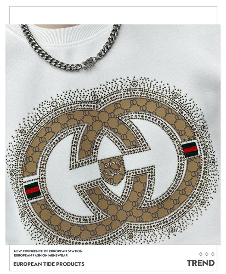 Европейская осенне-зимняя мужская флисовая толстовка высокого класса: Стильный пуловер с длинным рукавом и дизайном из горячих страз