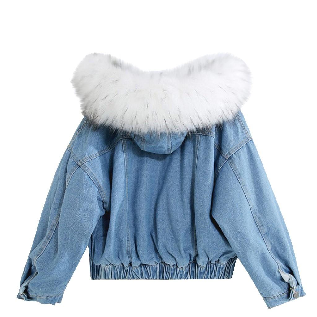 Women's Autumn/Winter Solid Colour Hooded Pocket Plush Denim Jacket Cotton Jacketet