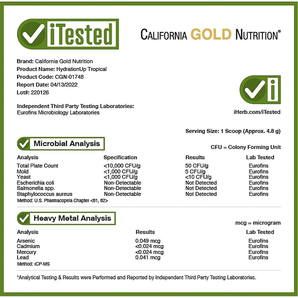 California Gold Nutrition, Beverage, HydrationUP, Electrolytes, Tropical Flavor, 8 oz (227 g)