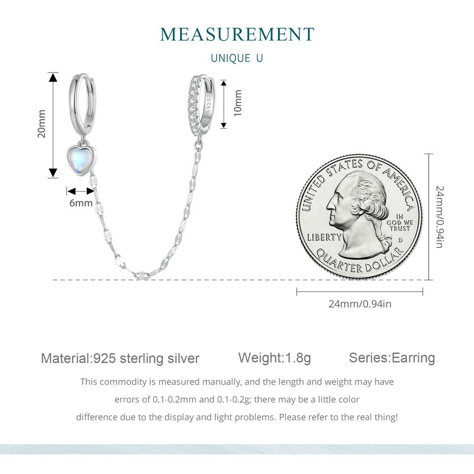 BAMOER 925 Sterling Silver One Piece Heart Moonstone Double Circles Ear Buckle Long Tassel Hoop Earrings for Women Birthday Gift