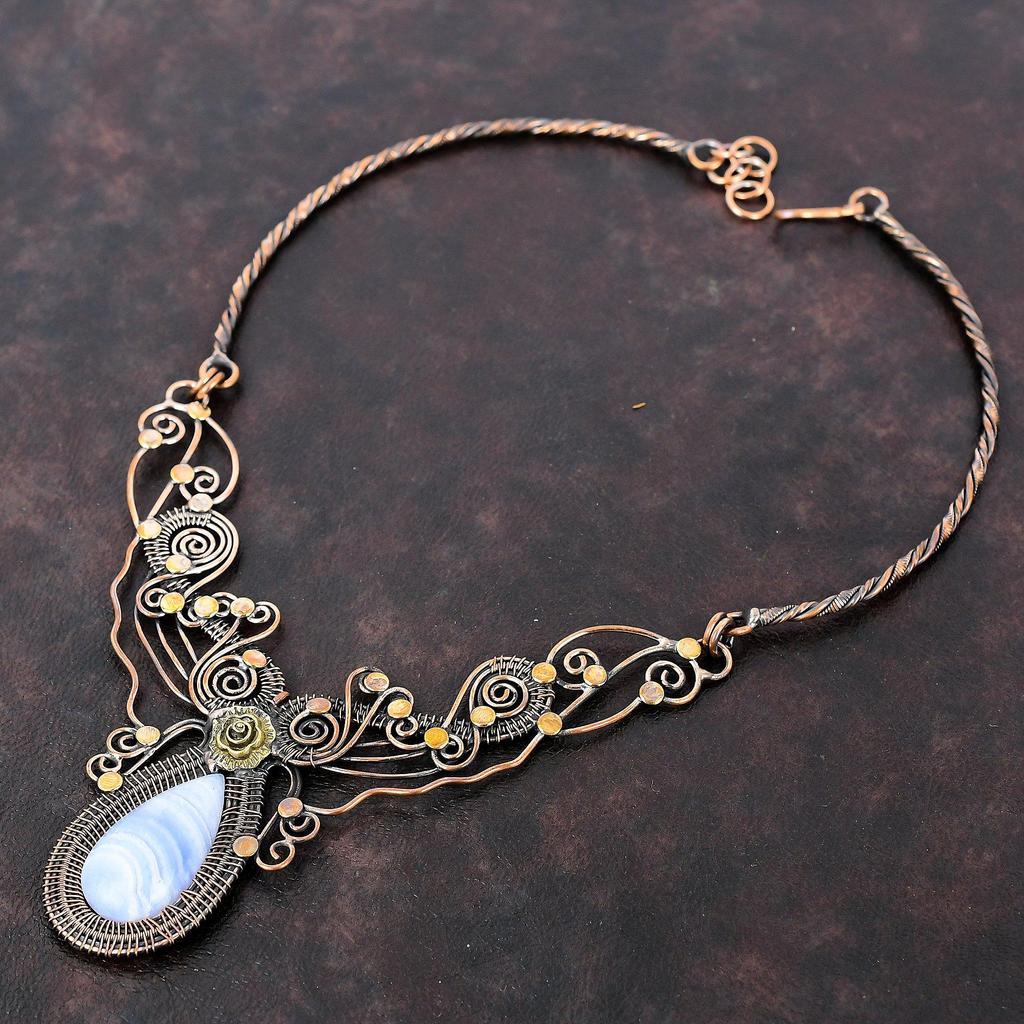 Ожерелье из синего кружева с агатом, ожерелье из медной проволоки, регулируемое ожерелье, ожерелье из драгоценных камней, медное ювелирное изделие, подарок для женщин, ожерелье ручной работы