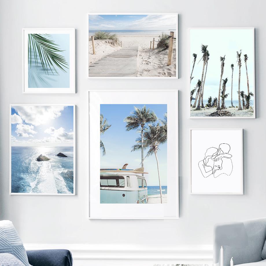 Тропический пляж, ананас, кокосовая пальма, фургон, настенная живопись на холсте, постеры на скандинавскую тему и принты, настенные панно для декора гостиной