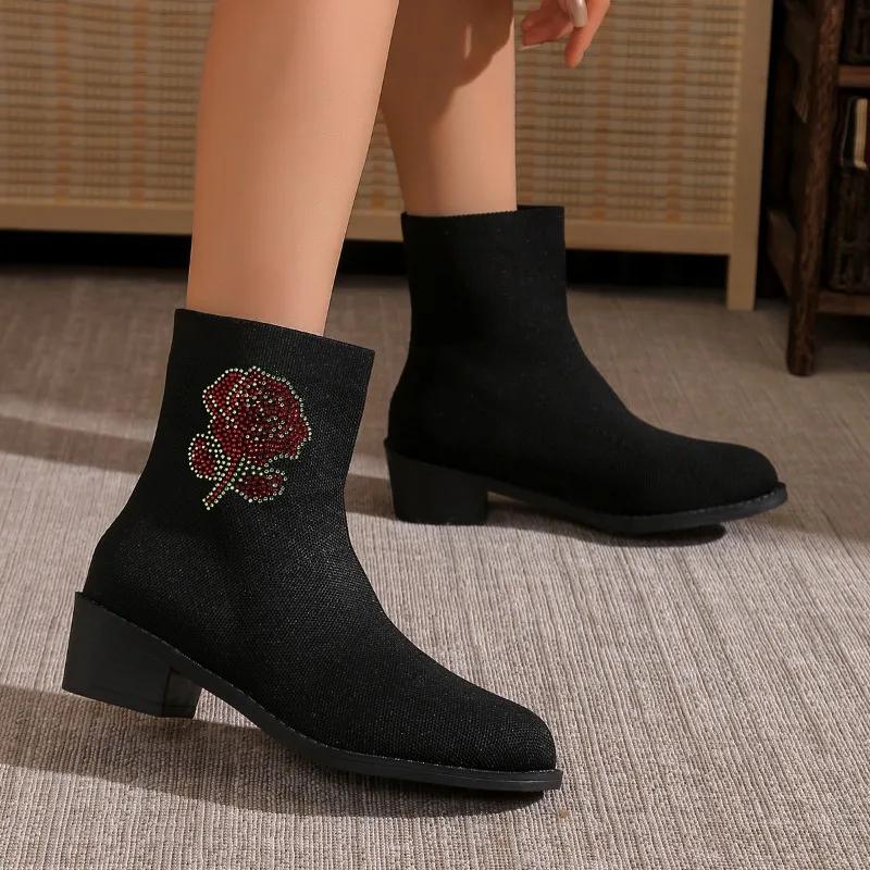 Casual Women's Ankle Boots 2024 Autumn Winter Warm Cotton Shoes Women Suede Mid-heel Embroidered Square Heel Mid-tube Booties