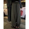 Women's Thick Wool Striped Pants - Cozy Knit Casual, Black Gray Floor-Length for Autumn/Winter.