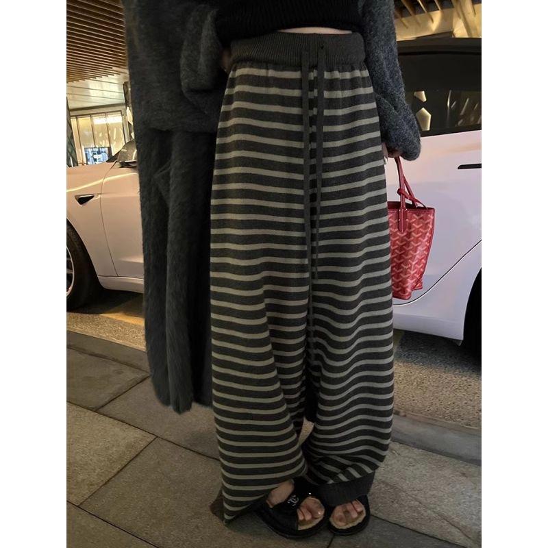 Women's Thick Wool Striped Pants - Cozy Knit Casual, Black Gray Floor-Length for Autumn/Winter.